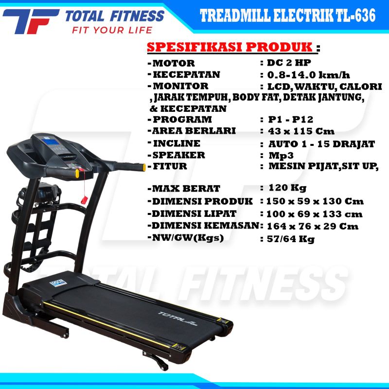 Electric Treadmill TL-636 alat olahraga lari fitness dan gym