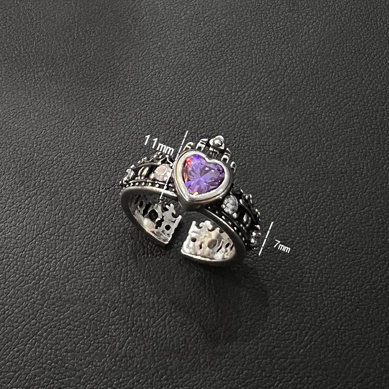 Cincin Model Terbuka Desain Mahkota Hati Bahan Zirkon Warna Silver Gaya Retro Untuk Wanita