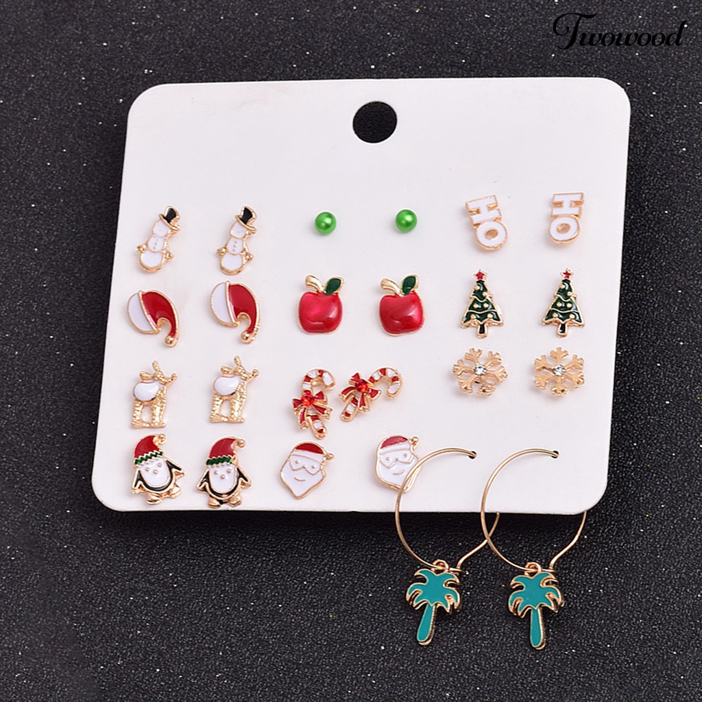 12 Pasang Anting Stud Desain Topi Santa Claus Snowflake Pohon Natal Snowman Untuk Wanita