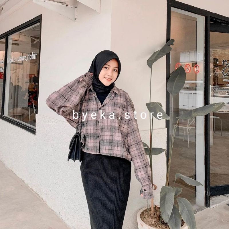 Kemeja wanita casual lengan balon /oversize shirt Tartan crop/kemeja crop kotak oversize-2