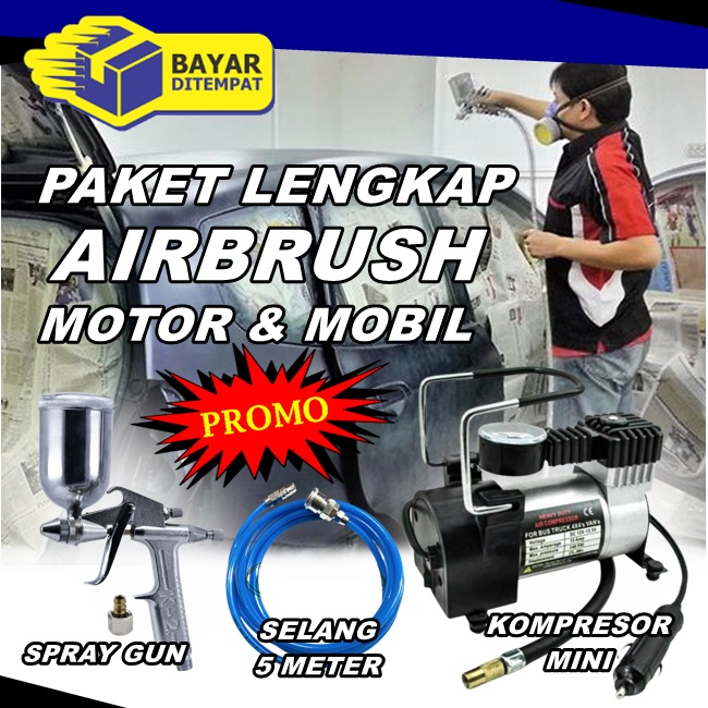 PROMO PAKET AIRBRUSH Kompresor mini cat listril komplit set moil motor + selang + spray gun hemat or