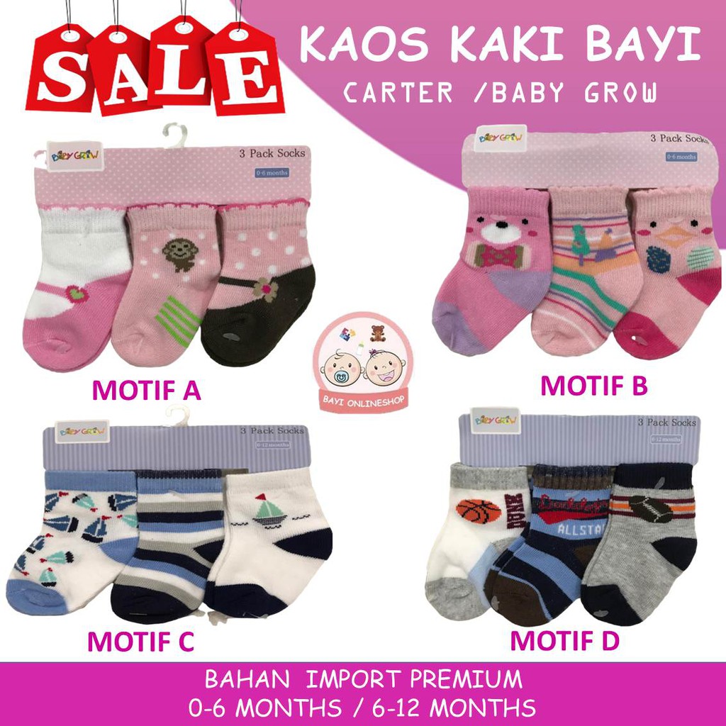 3 PCS KAOS KAKI BAYI NEWBORN BARU LAHIR ANAK BALITA ALAS KARET PREMIUM IMPORT BABY GROW