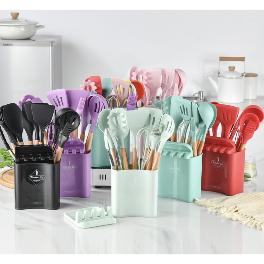 Square Bucket Utensil Set 13pcs 1092 spatula peralatan masak silicone utensil set KITCHEN SET