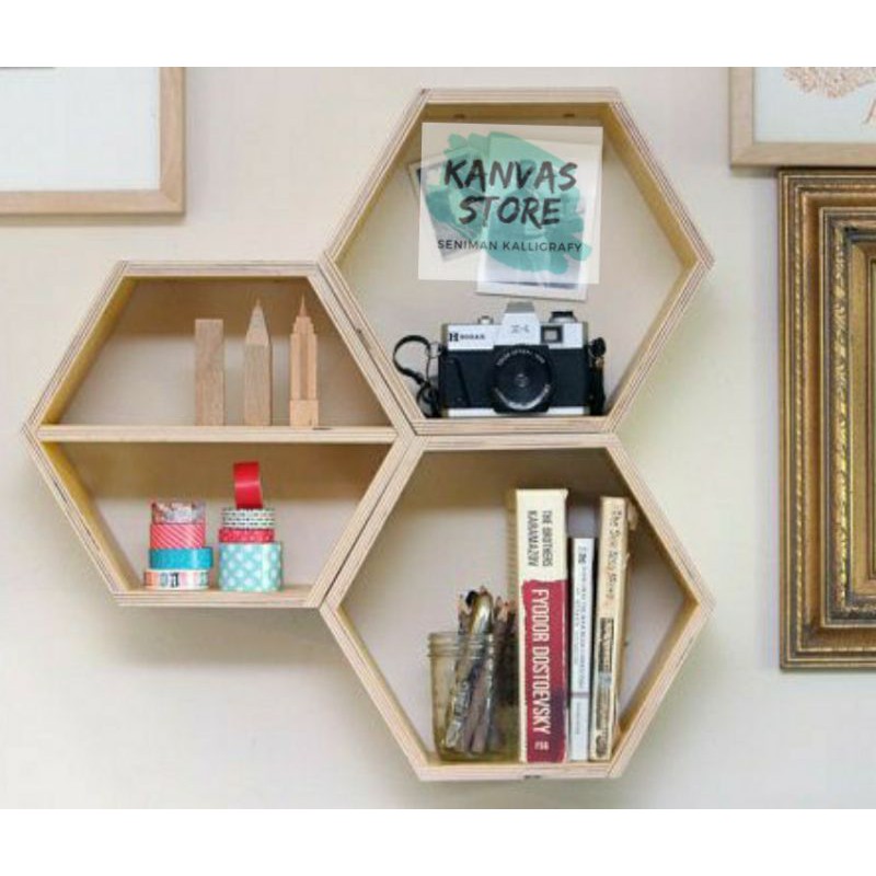 RAK DINDING KAYU HEXAGONAL