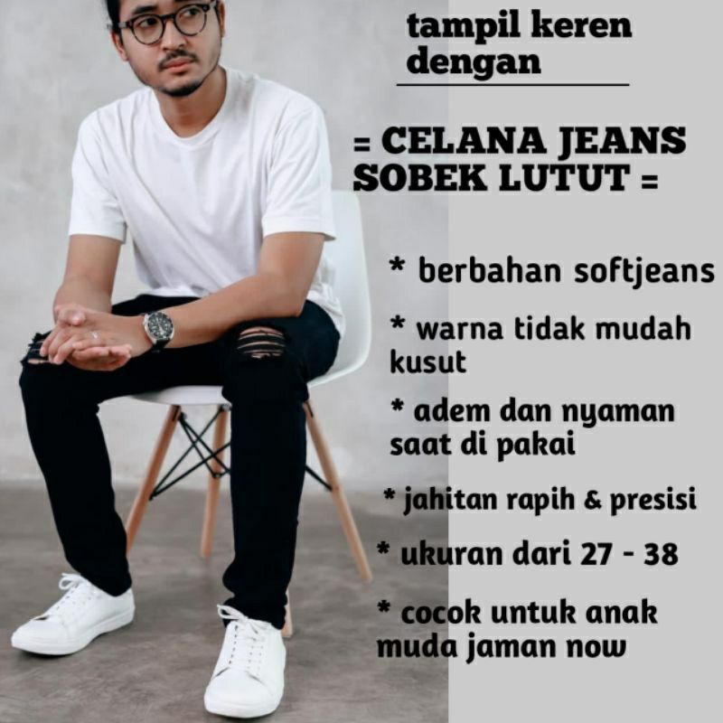 CELANA JEANS PRIA SOBEK LUTUT ROBEK SOFT JEANS