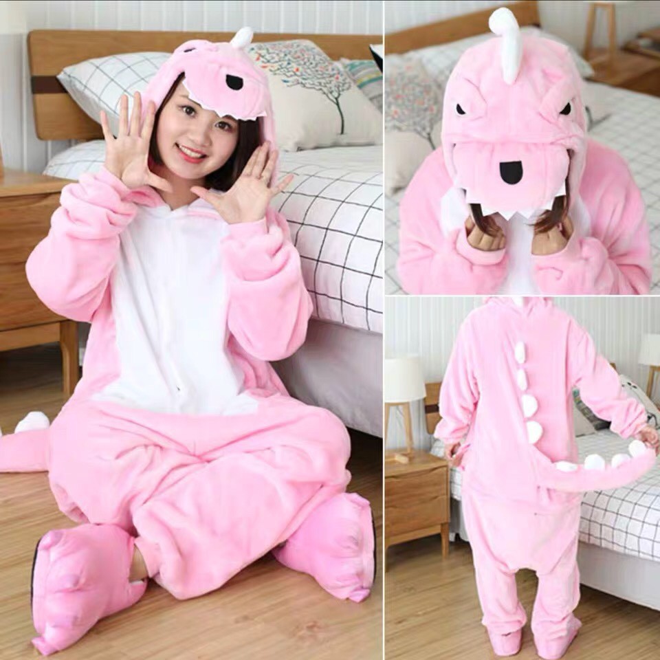 BONEKA KOSTUM ONESIE DINOSAURUS DINO PINK PIYAMA COSPLAY