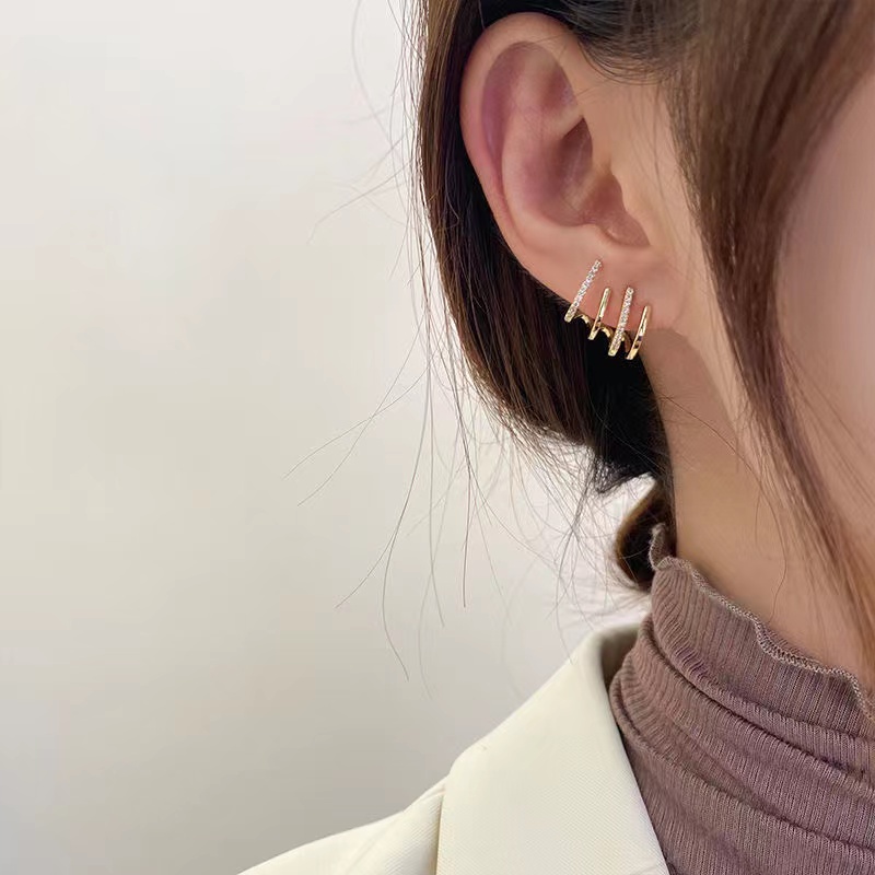 IFYOU Anting Stud Berlian Multilayer Warna Emas Gaya Korea Untuk Wanita