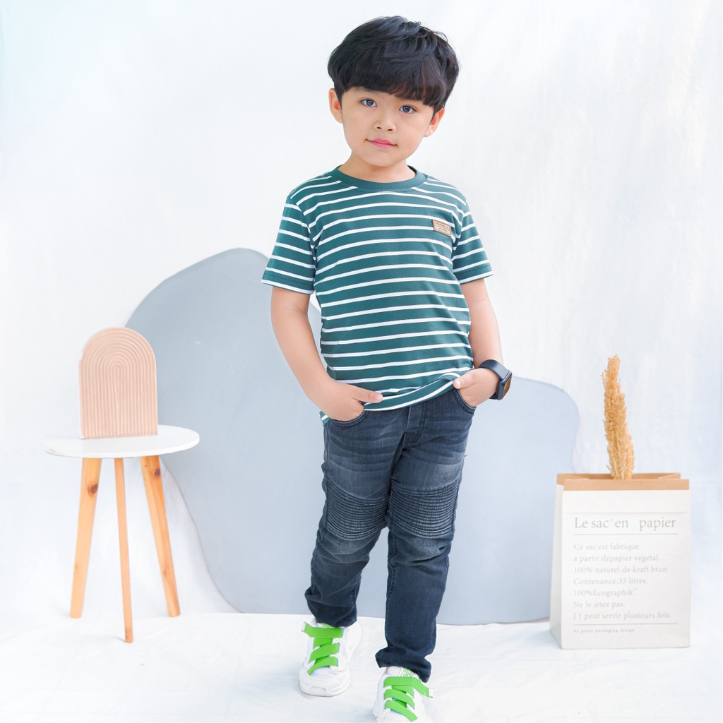 Kaos Stripe Garis Anak Laki Laki Perempuan Branded Unisex Original Premium | Mevla Kids - Uzuki Green