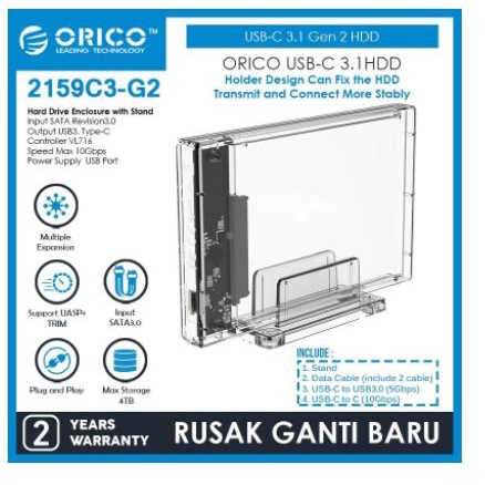 Hdd Ssd enclosure Orico 2.5 sata Type-c 10Gbps transparent 2159c3-g2 - Casing harddisk external transparan 2159-c3