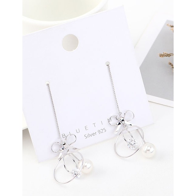 LRC Anting Tusuk Fashion Platinum Tassel Pearl Bow Circle With Diamonds Earrings Y63126