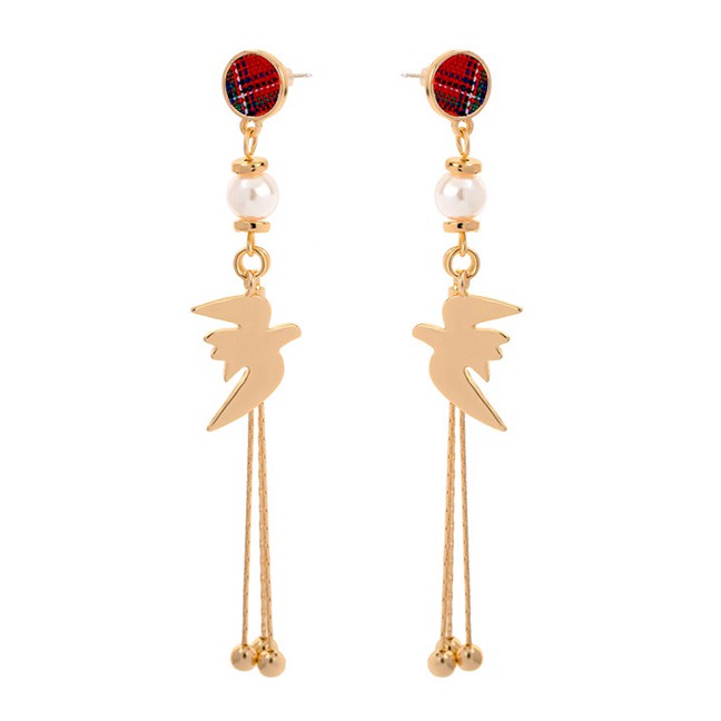 LRC Anting Tusuk Fashion Bird  Needle Asymmetric Pearl Tassel Stud Earrings F4908X