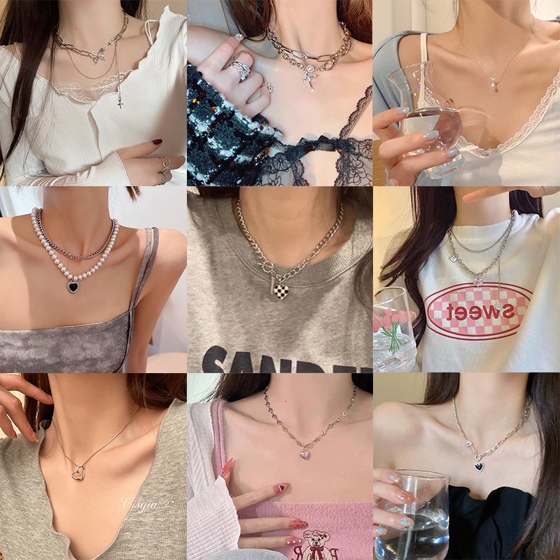 YEEZII Kalung Choker Rantai Silver 2k Multi layer Hias Kupu-Kupu Kristal Mutiara Untuk Wanita