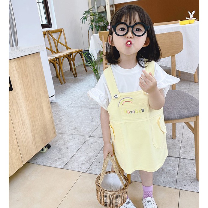 KF Cat Dress Overall Anak Perempuan Motif Rainbow Kaos Pendek Import Korea Style 1-4 Tahun Anak Cewek Set-4