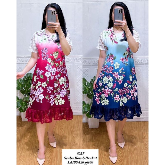 dress scuba kombinasi brukat panjang ukuran L bunga
