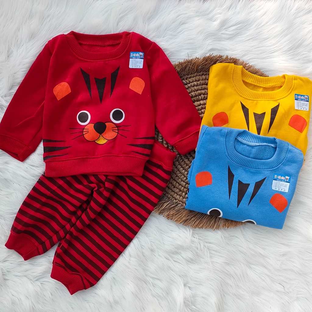 Setelan sweater bayi murah motif tiger 3-12 bulan / Set baju bayi murah / Baju hangat bayi fleece