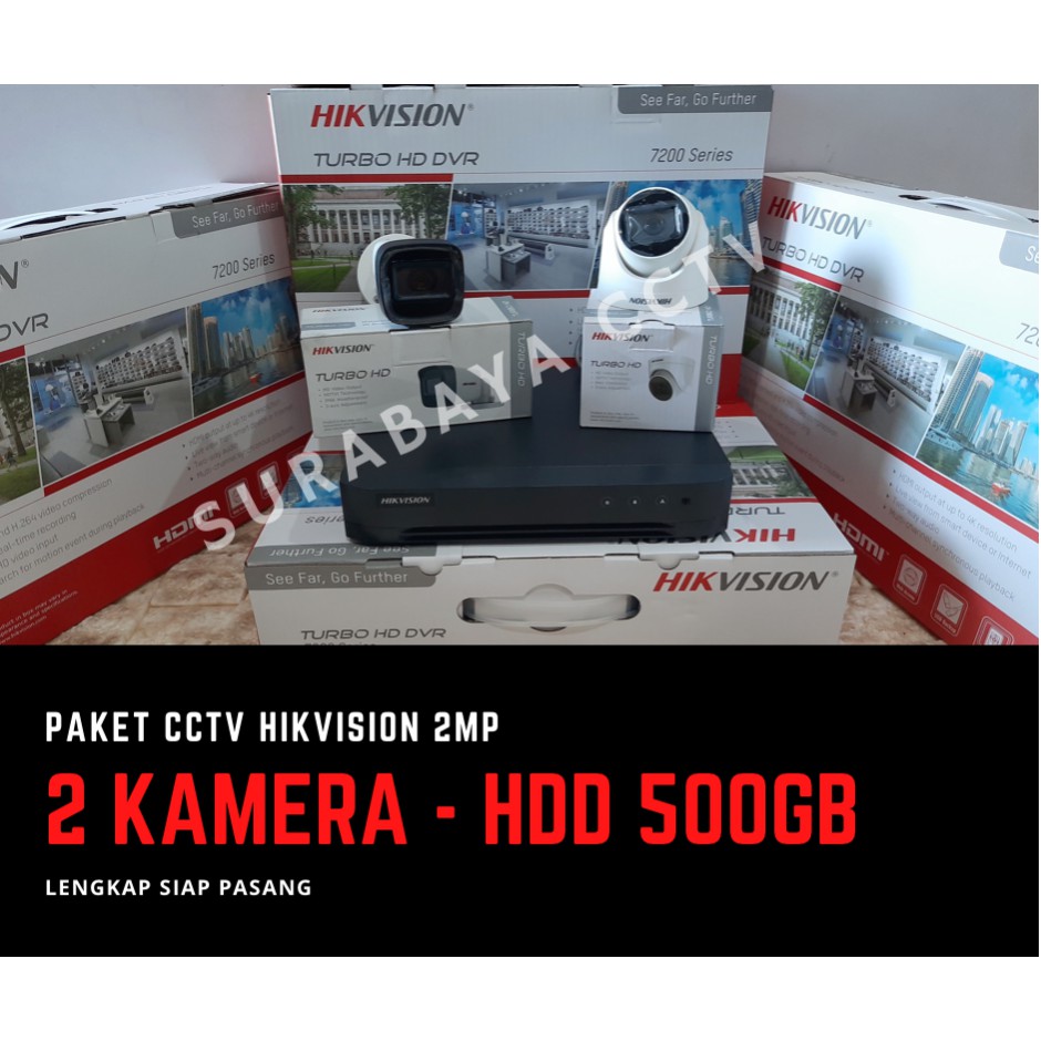 Paket Cctv Hikvision DVR 4 Channel 2 Kamera Fullset Hikvision 1080P 2MP