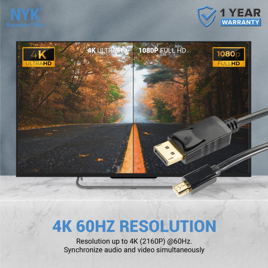 NYK Kabel Mini Display Port to Display Port Gold Plate 4K