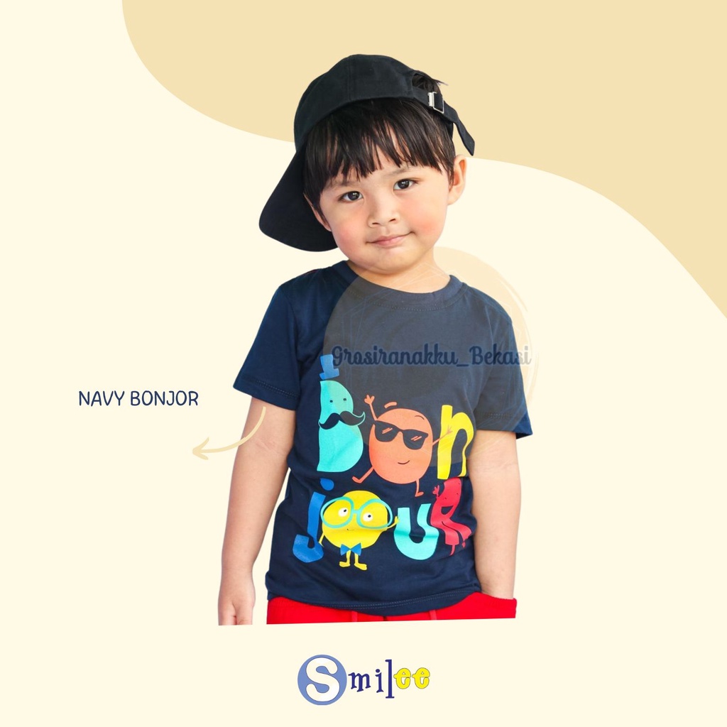 Kaos Anak Cowok Smilee Murah Navy Bonjour 1-5Tahun