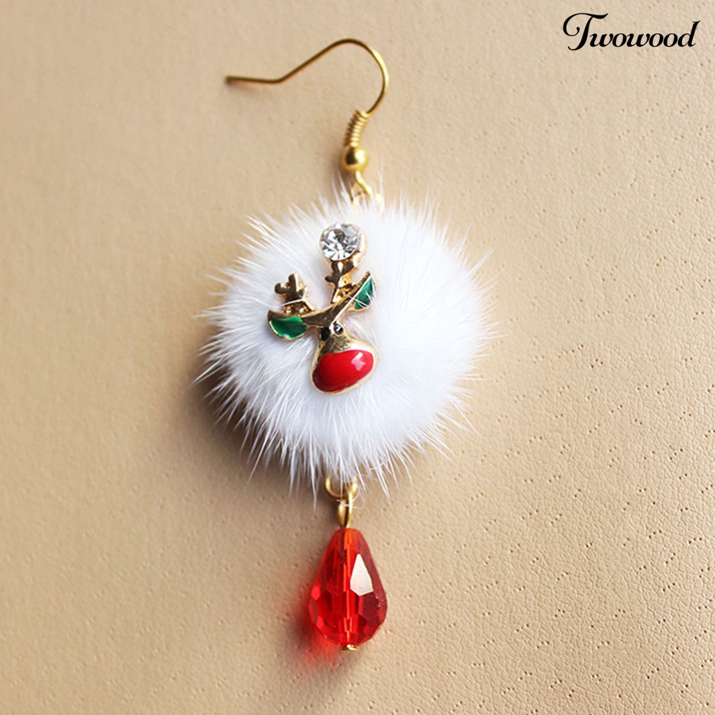 Twowood 1 Pair White Plush Ball Red Rhinestone Xmas Earrings Alloy Santa Claus Elk Pendant Hook Earrings Fashion Jewelry