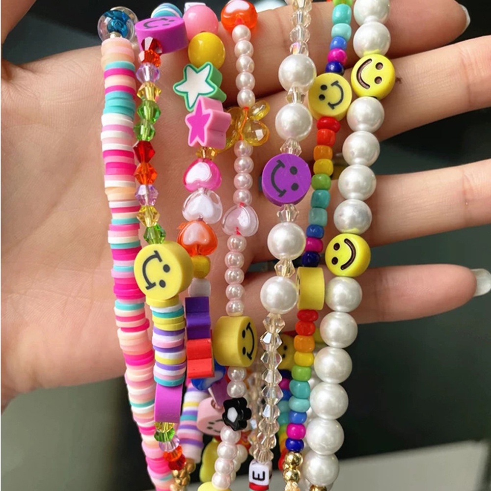 QUINTON Ins Trendy Mobile Phone Straps Colorful Soft Pottery Rope Cell Phone Lanyard Mobile Phone Chain Pearl Anti-Lost Acrylic Bead Smile Handmade Smiling Beads Chain