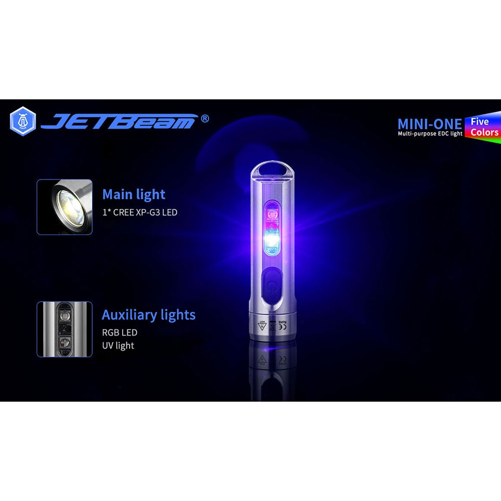 JETBeam Mini One Senter LED USB Rechargeable CREE XP-G3 500 Lumens with RGB + UV Light - Silver