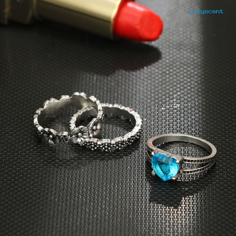 5pcs / Set Cincin Jari Bentuk Bunga Hati Hollow Aksen Berlian Imitasi Warna Biru Gaya Retro Boho Untuk Wanita