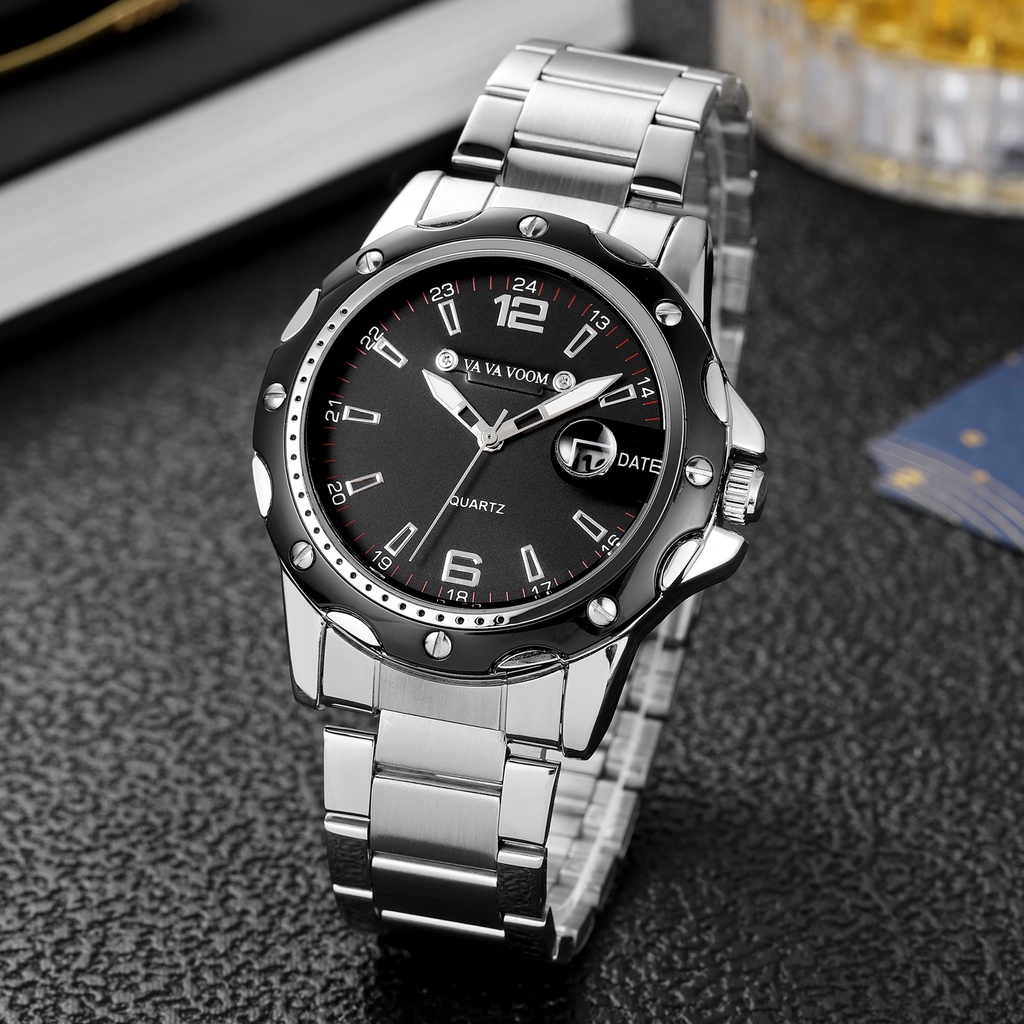 VaVa Voom 2411 Jam Tangan Pria Tanggal Stainless Steel Quartz Original Tahan Air Watch + Kotak Gratis