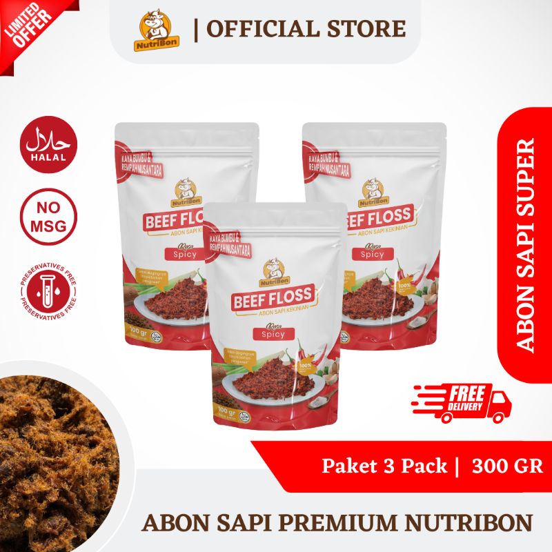 

3 PACK PREMIUM ABON SAPI ASLI PEDAS NUTRIBON | BEEF FLOSS MAKANAN SURVIVAL | LAUK INSTAN ABON