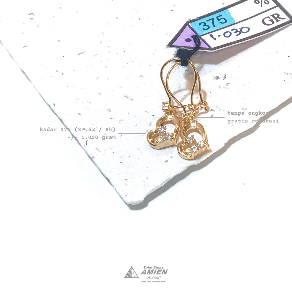 Toko Emas Amien Anting Emas Asli Kadar 375 (37,5% / 8K) 1.030 gram - Gondel Love 3 Permata Putih
