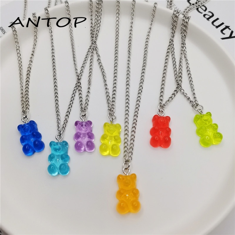 Transparan Beruang Bulat Rantai Kalung Liontin Resin Kartun Warna Cerah Fashion Jewelry ANTOP