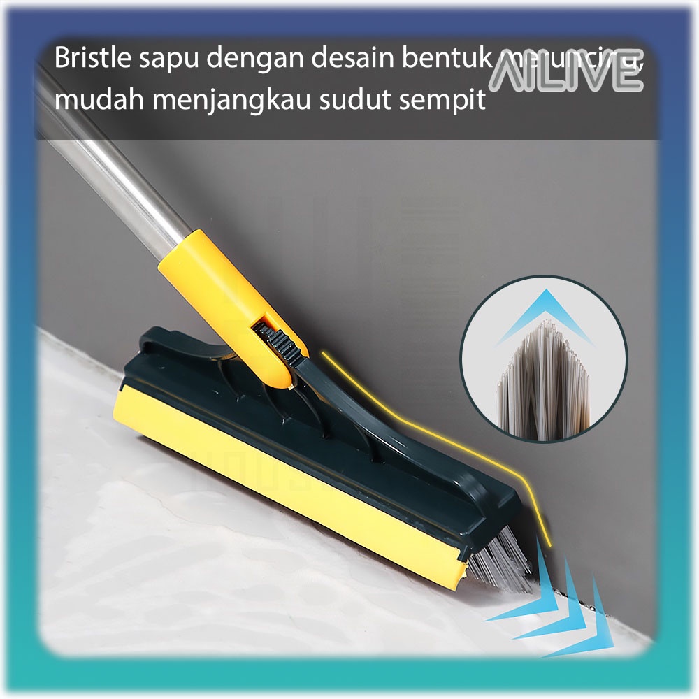 Sikat Lantai Wiper Kamar Mandi 2IN1 Putar 120° Model Sikat Sudut Lancip Gagang Panjang Wiper Pembersih Toilet Praktis Serokan