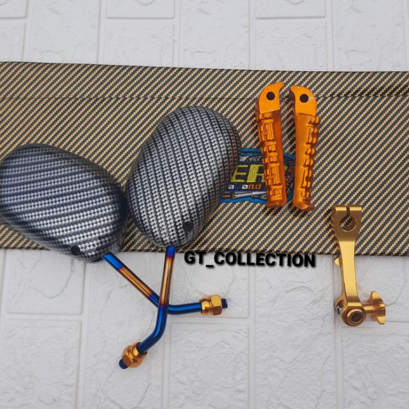 Kulit Jok Biker Gold + Paha Rem + Foostep Model Vixion Yamaha + Spion Mio Karbon Twotone