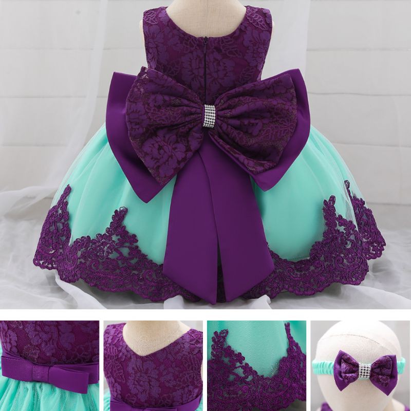 [MAMASILO] DRESS BAYI PEREMPUAN PITA BESAR GAUN PESTA BAYI RENDA BONUS BANDO