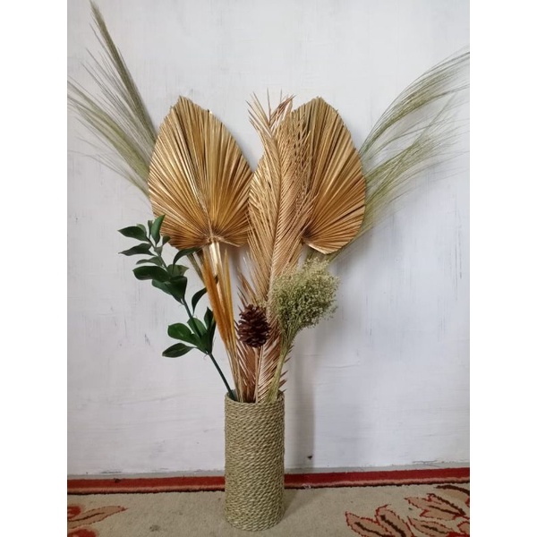 Daun Palem Kering Paket Daun Palem Kering dengan Vas Mendong dan Buket Bunga Kering untuk Dekorasi R