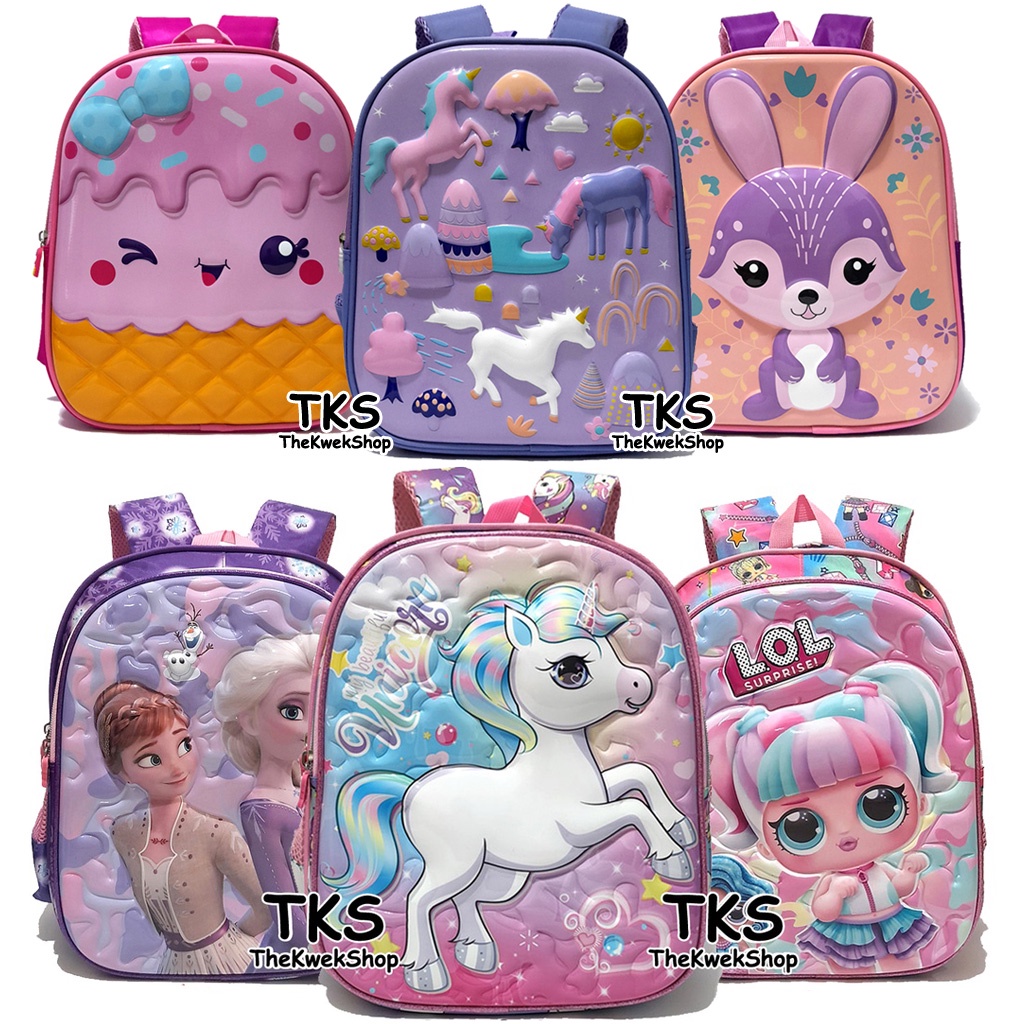 Tas Sekolah TK SD Anak Perempuan Ransel Sekolah Glossy Timbul Ice Cream Boba Unicorn Kuda Pony