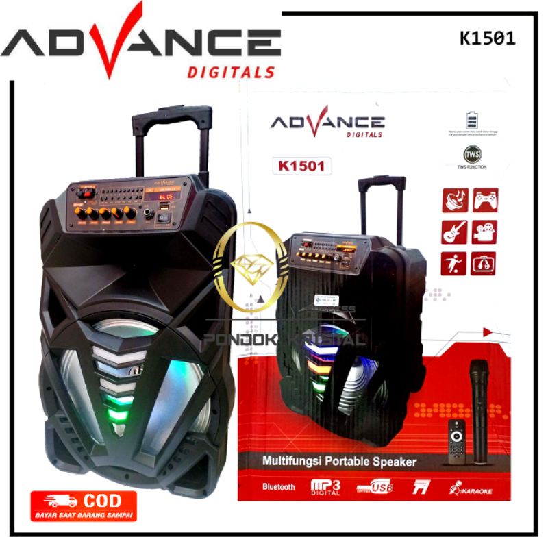 Speaker Portable Bluetooth 15 Inch / BONUS MIC WIRELESS ADVANCE K1501 AMPLI / Speker Jinjing Advance