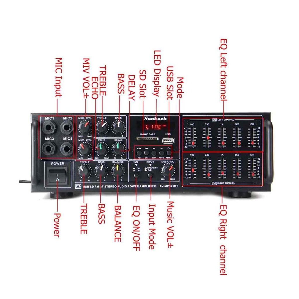 Sunbuck MP325BT PROFESSIONAL Power Amplifire Bluetooth EQ Audio Amplifier Home Theater Karaoke FM 2000W Stereo Amplifier / sterio / ampli /  Home Theater / home teater / pengeras suara / ampli panggung / DAC Audio