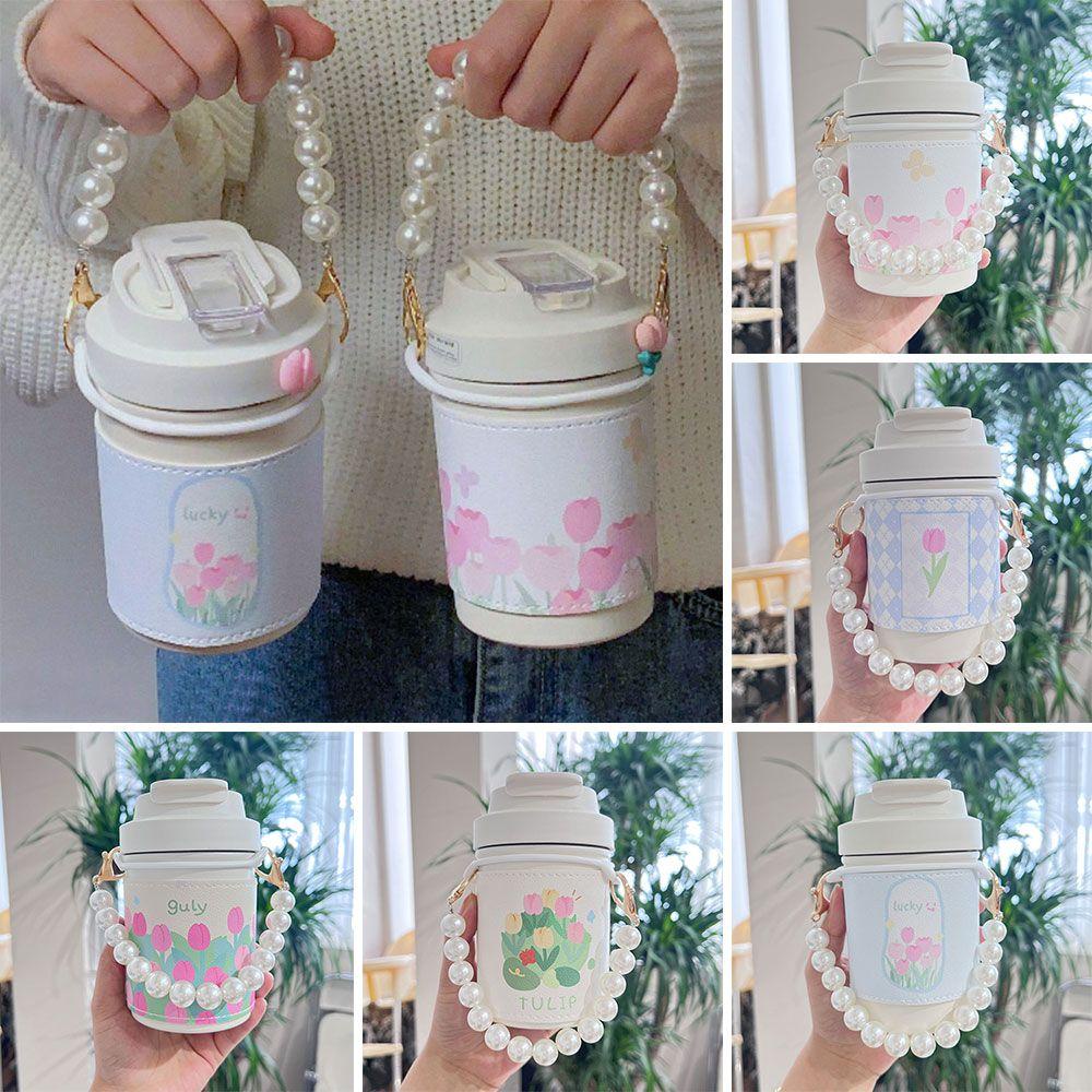 Solighter 450ml Vacuum Flasks Lucu Dengan Lengan Mug Thermal Bunga Tulip
