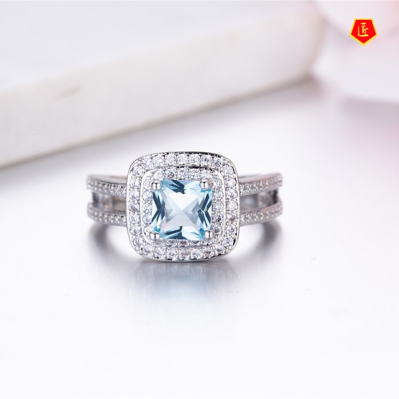 [Ready Stock]Simple Elegant Full Diamond Sea Blue Topaz Ring