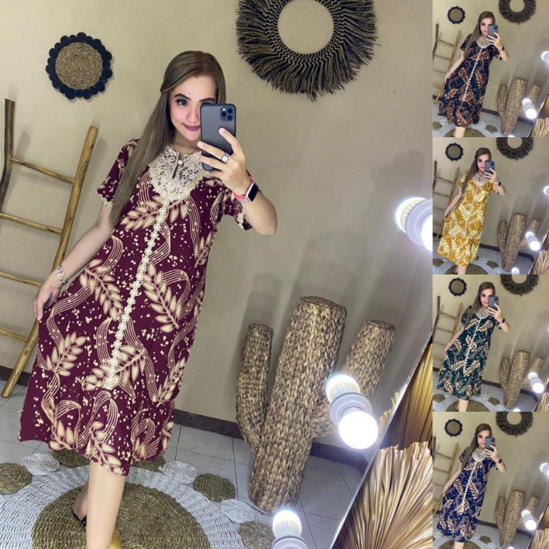 Daster Rayon Lengan Pendek Kombinasi Broklat Terlaris Motif Daun
