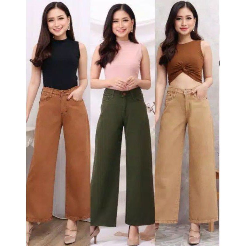 Celana Kulot HighWaist Army / Celana Panjang Jeans Wanita / Celana Panjang HighWaist Kulot Cokelat