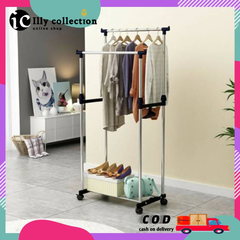 Stand Hanger Double Pole Gantungan Baju Dua tiang Dengan Roda