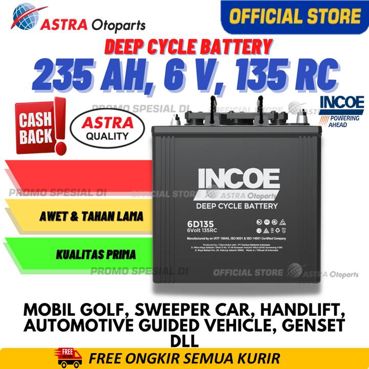 Baterai / Aki INCOE GOLF 235 Ah - 6 Volt (INGLF-6D135, , Reserve Capacity 115 minutes) , Deep Cycle Battery/Accu, Traction Battery - untuk Golf Cart, Sweeper Car, Handlift, Automotive Guided Vehicle, Genset, Dll