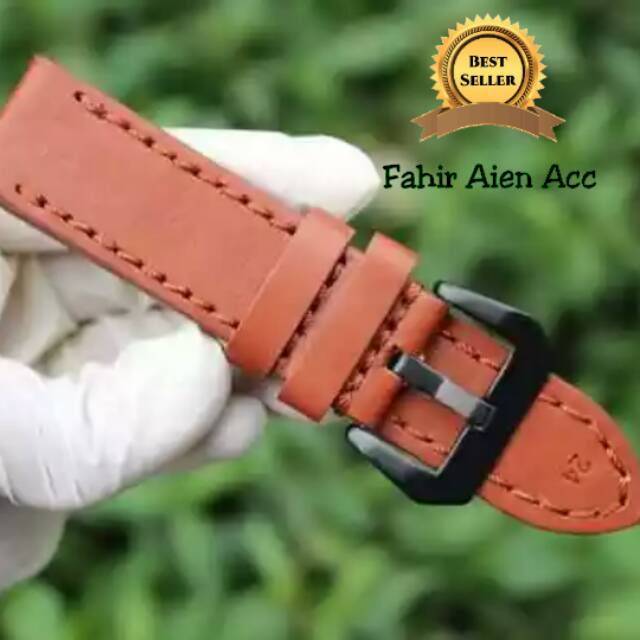 LEATHER STRAP TALI JAM KULIT 22MM 24MM BUCKLE STAINLESS HITAM