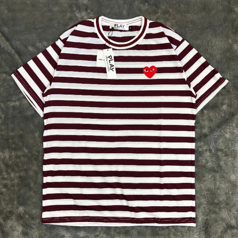 TSHIRT KAOS BAJU PLAY CDG STRIPE MAROON LIKE ORI