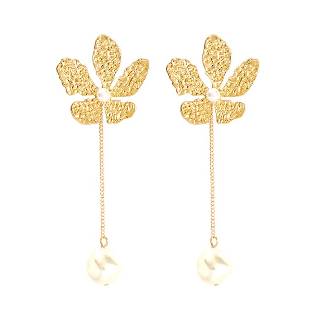 LRC Anting Tusuk Fashion Gold Alloy Pearl Flower Earrings F69519