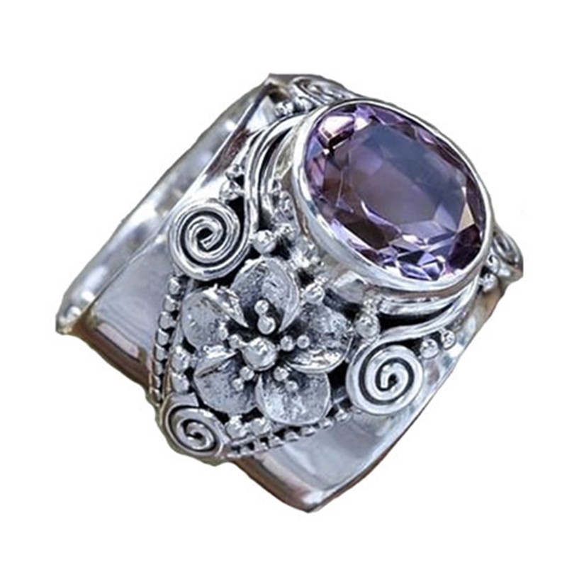 Cincin Sterling Silver 925 Gaya Vintage Dengan Ukiran Bunga + Batu Amethyst Alami Untuk Wanita