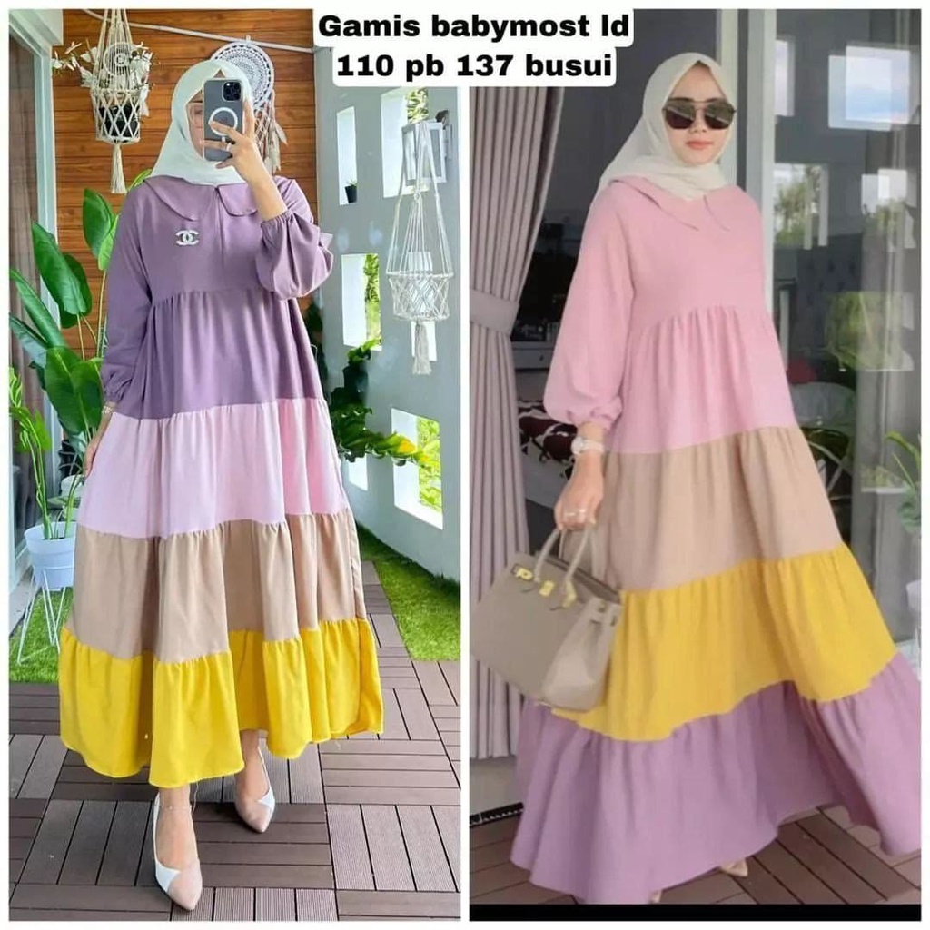 Gamis Babymost - Gamis Terbaru Rayon Premium Dress Wanita Lengan Karet Maxi Dress Kekinian LD 110 cm