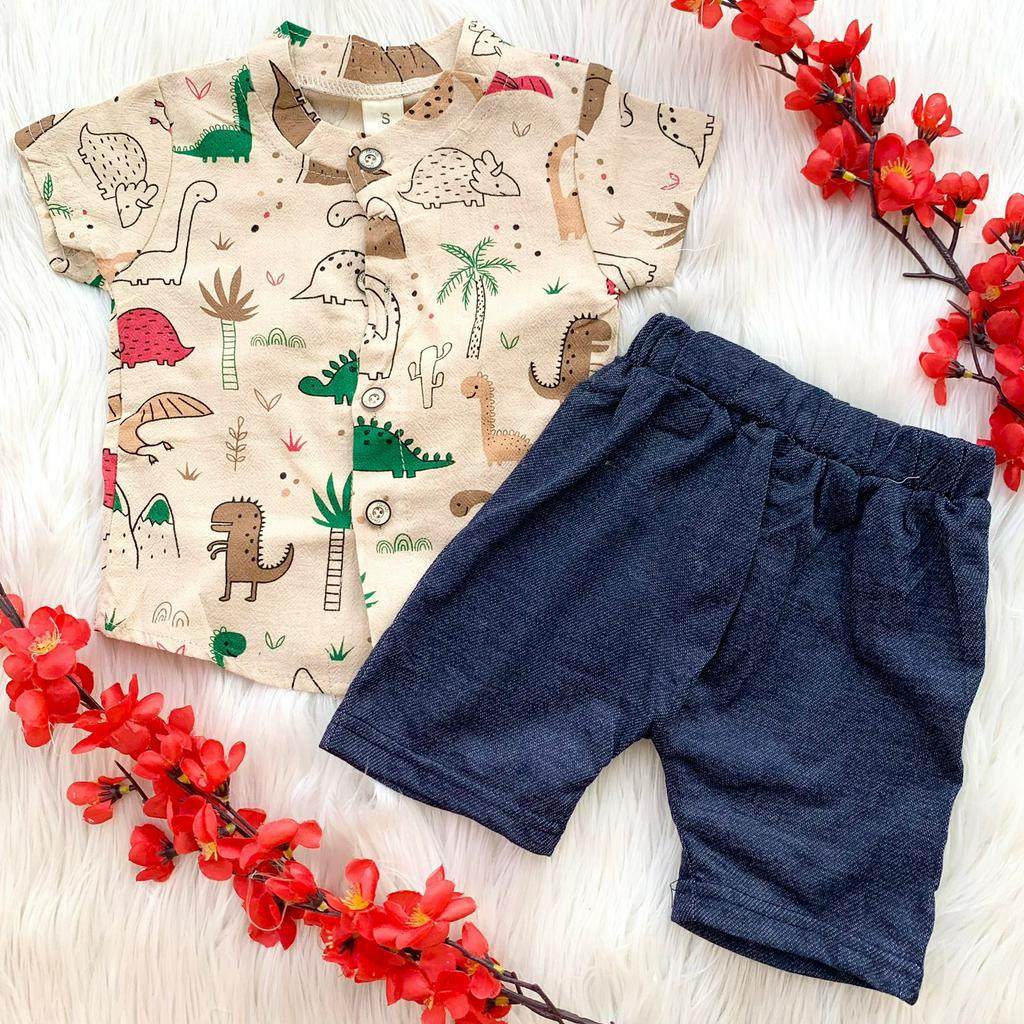 Baju setelan kemeja celana import lucu pergi jalan hangout fashion anak bayi cowok laki keren -imp jurassic