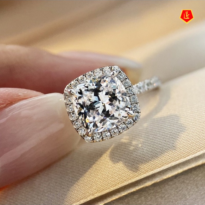 [Ready Stock]S925 Silver Light Luxury 2 Karat Square Diamond Ring